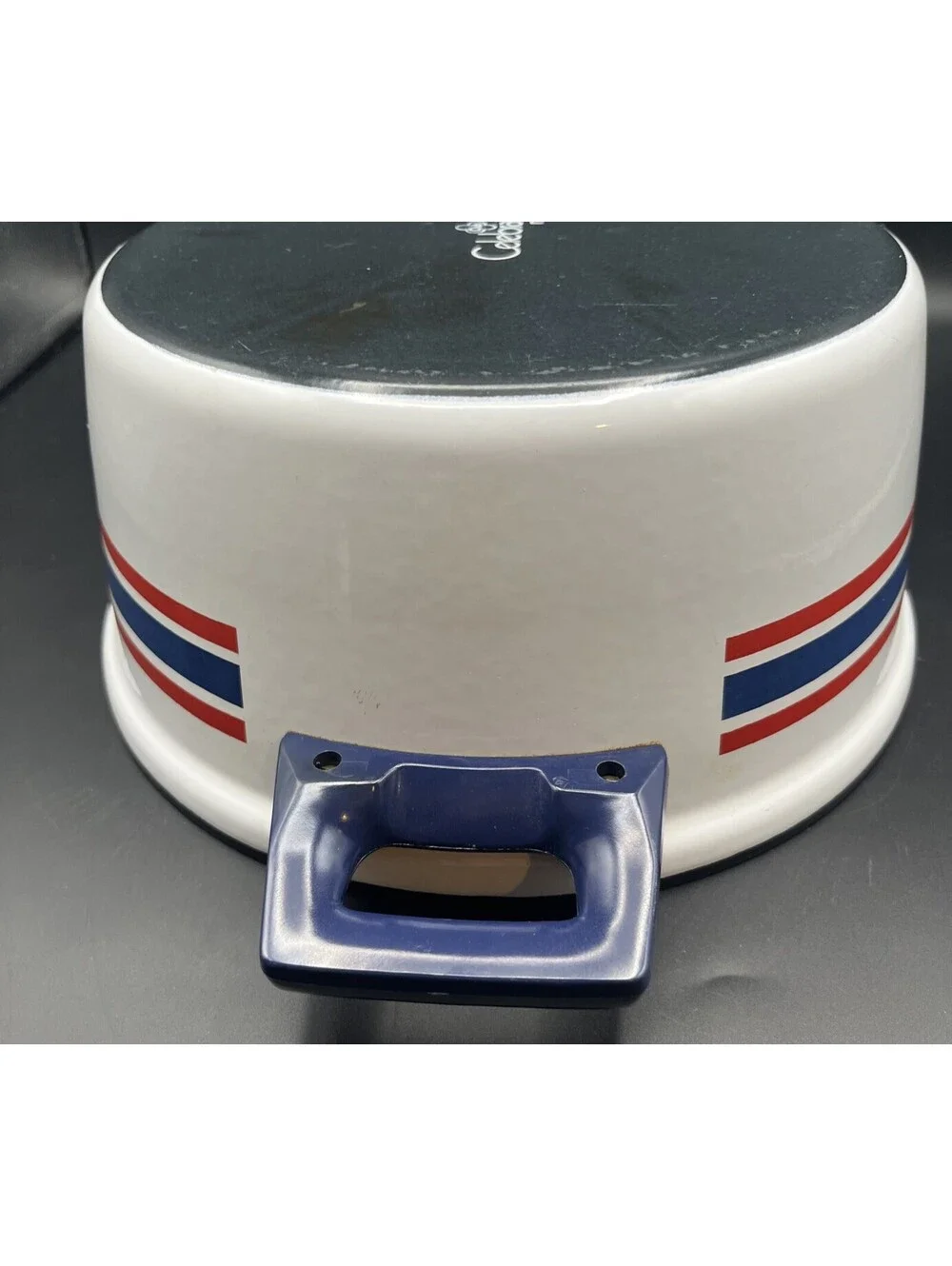 Vintage Cathrineholm Norway Enamel Dutch Oven Blue Red Stripe Club Celebration
